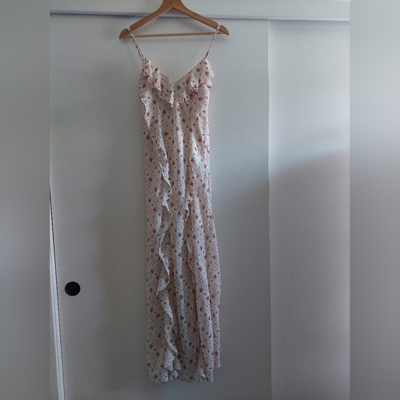 90s Y2K Ditsy Floral Ruffle Maxi Dress Spaghetti Straps Cream Bohemian Boho - Picture 1 of 7